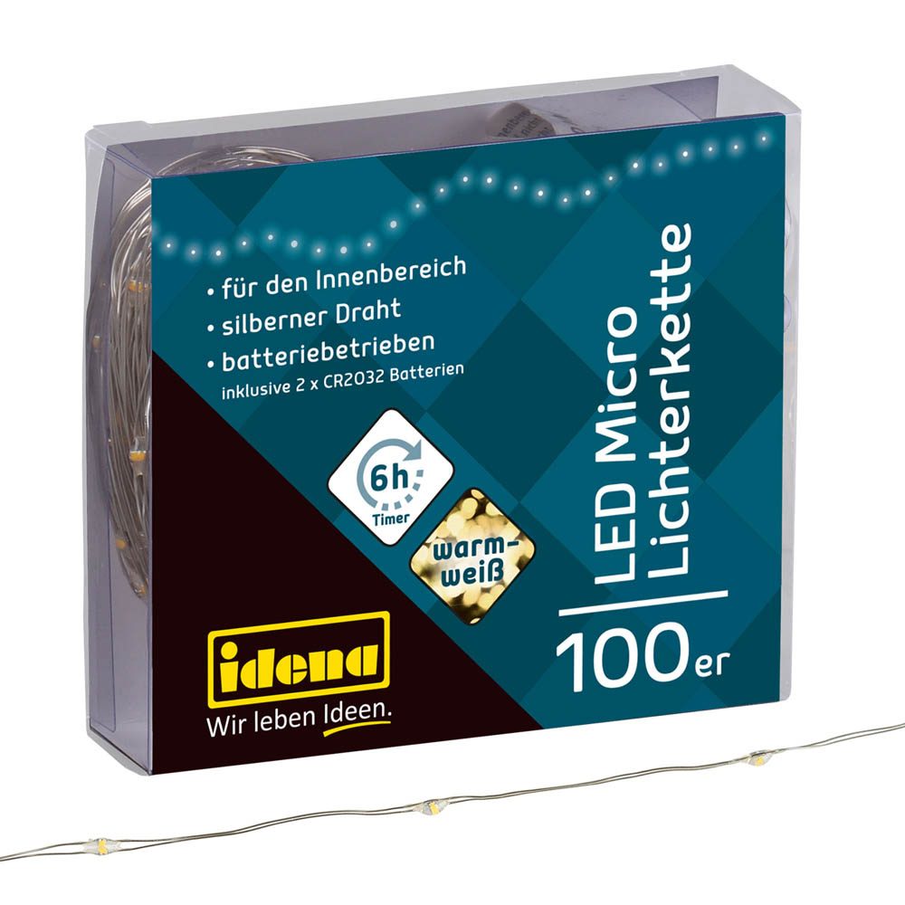 Idena 100er Micro LED Lichterkette silber 10,2 m Printus